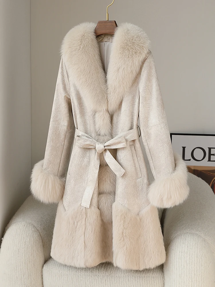 Overcoat Women Elegant Belted Real Rabbit Fur Jacket Winter Warm Suede Leather Fox Fur Collar Coat Thick Softshell Party Trench