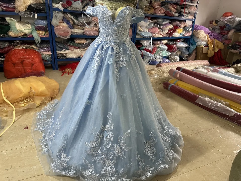 레이스 꽃 블루 볼 가운 15 세 Quinceanera 드레스 공주 맞춤형 파티 드레스 오프 어깨 Vestidos De Fiesta