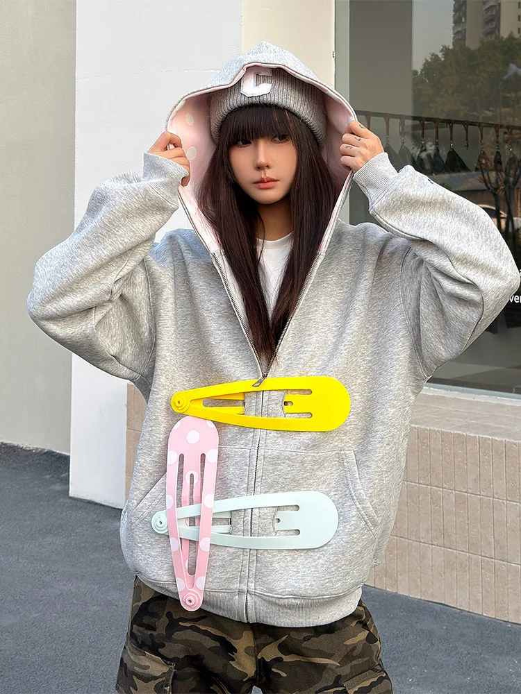 2026 Herbst Winter Damen Y2K Kawaii Oversized Zip-Up Hoodie mit 3D-Riesen-Haarspangen-Dekor und Polka Dots Kapuze, Grau, Lässiger Sweatshirt – Detail 7