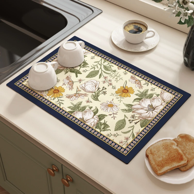 VIKAMA Kitchen Drain Mat Vintage Floral Tile Pattern Square Kitchen Counter Mat Highly Absorbent Fast Drying Anti Skid Flexible