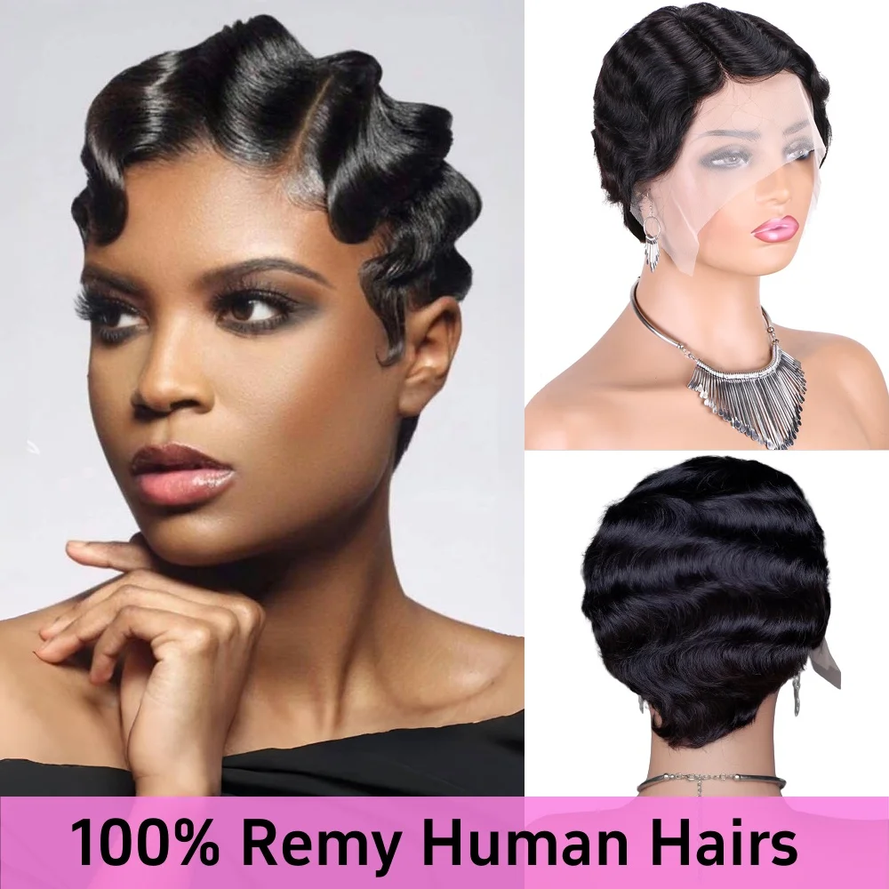 

Black Short Wave Lace Frontal Human Hair Wigs for Black Women Deep Wavy Natural Afro Wig Pre Plucked Brazilian Remy Human Hair