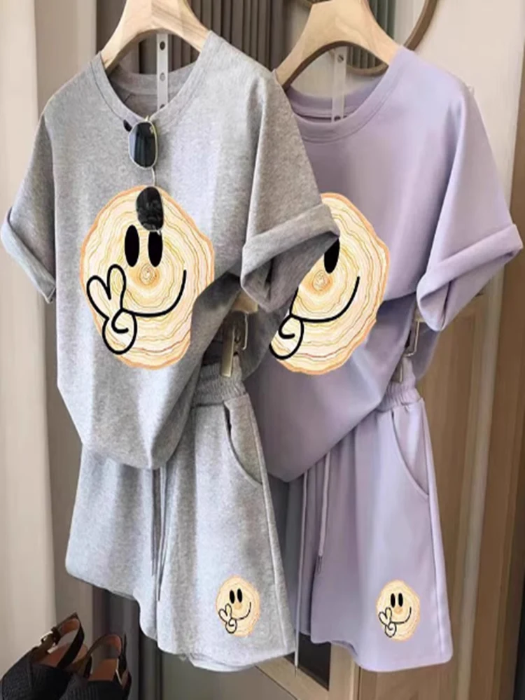

Purple Casual Sports Set Women's Summer New Loose Short Sleeve Shorts Two-Piece Set Fashionable And Comfortable
