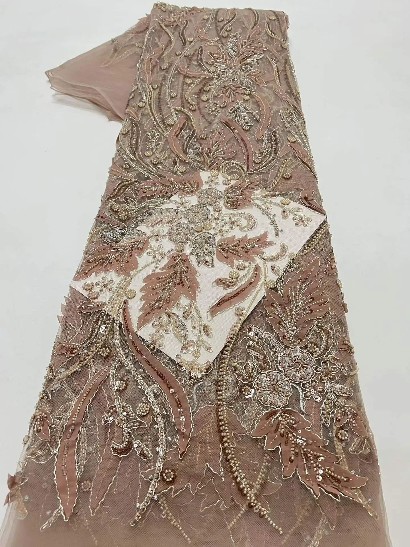 

French Mesh Lace Fabric Elegant Beads African Lace Fabrics Nigerian Mesh Sequins Lace Fabric For Diy Dresses Party Wedding