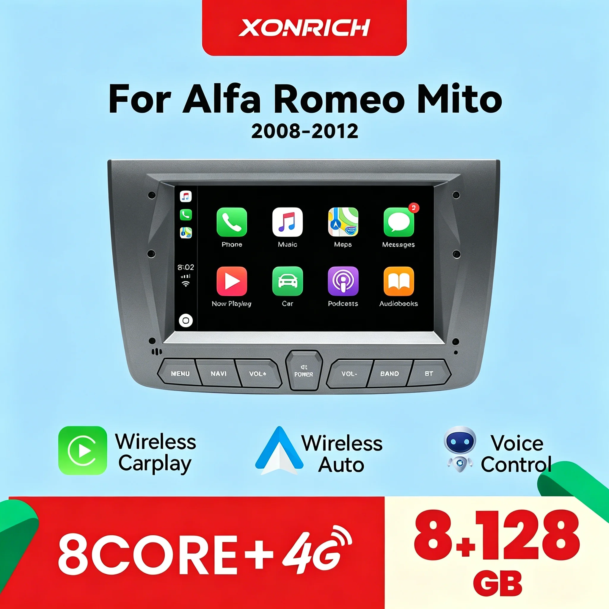 Autoradio 7 pouces sans fil CarPlay Android 14 pour Alfa Romeo Mito 2008-2012 4G WiFi Bluetooth DSP GPS Navigation Lecteur multimédia