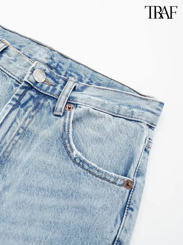 TRAF Damskie jeansy z ozdobnymi przetarciami Niebieskie spodnie Metalowy zamek błyskawiczny Prosta nogawka Casual Streetwear Jeansy z wysokim stanem