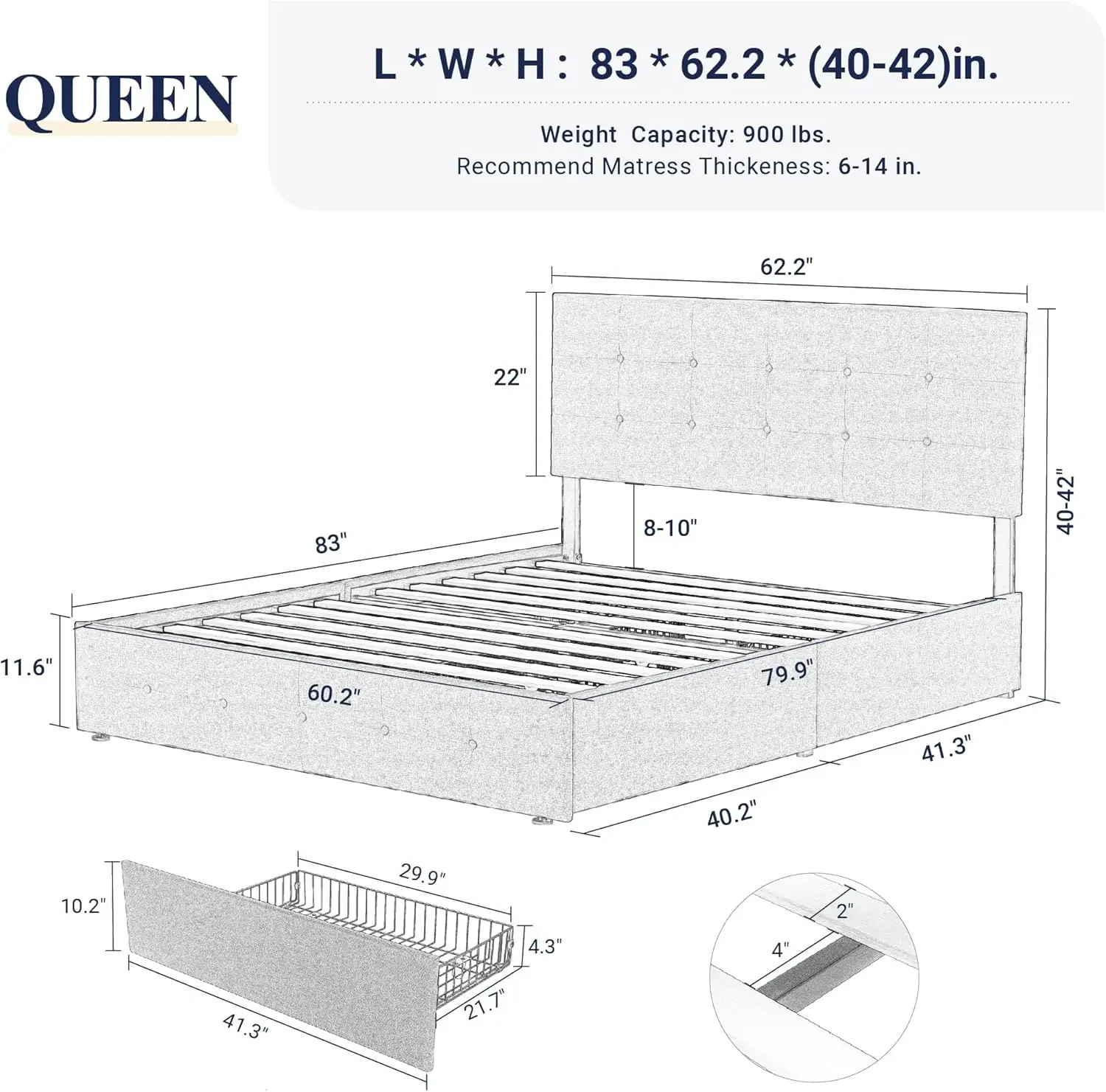 Upholstered Queen Size Platform Bed Frame with 4 Storage Drawers and Headboard, Square Stitched Button Tufted, Mattress