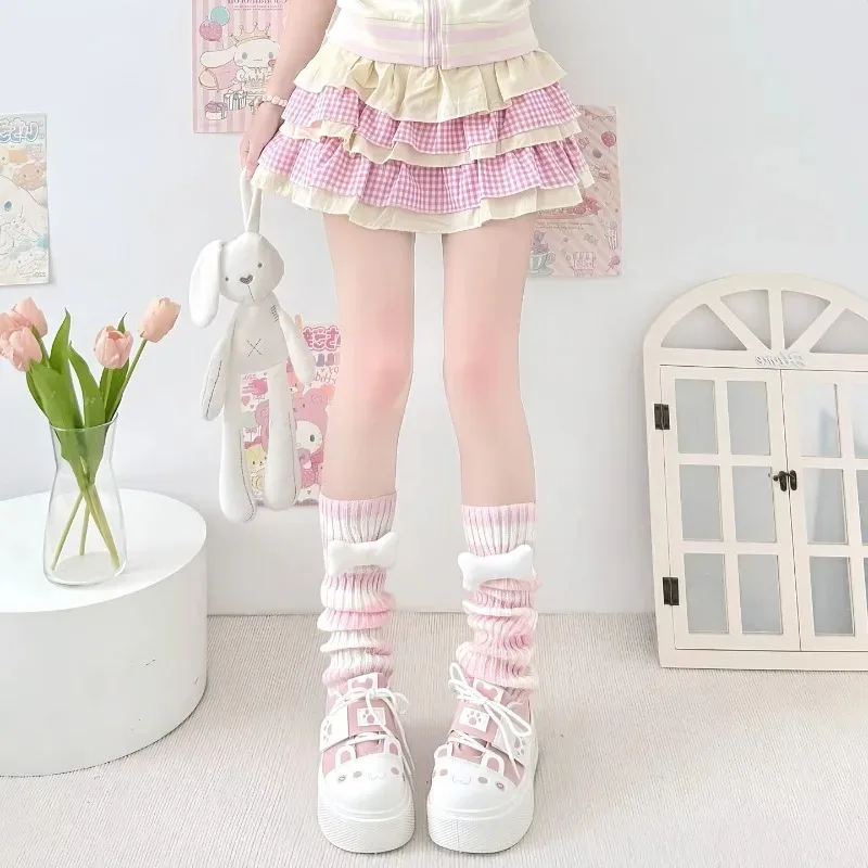 Cute Striped Leg Warmers with Bone Decor Kawaii Lolita Knit Cuffs Girls Sweet Leg Socks Daily Cosplay Accessory