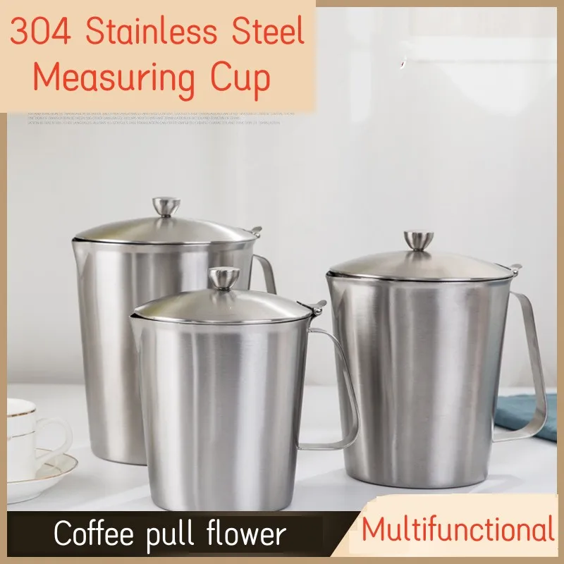 2L 304 Stainless Steel Measuring Cup With Scale Milk Tea Coffee Pull Flower Cup Kitchen Baking Measuring Cup With Handle And Lid