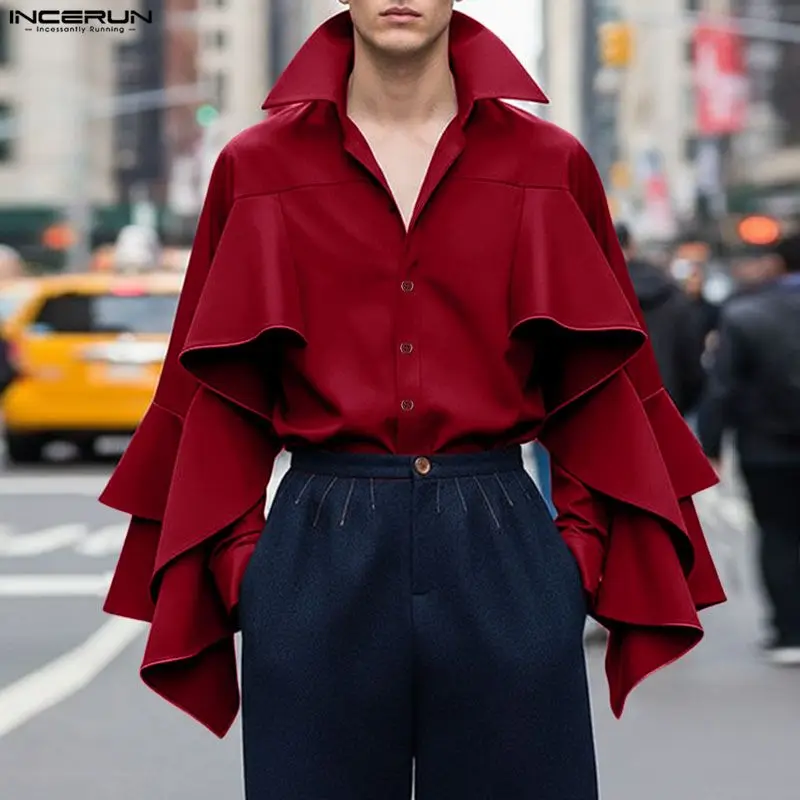 

INCERUN Men Shirt Solid Color Lapel Long Sleeve Ruffle Casual Men Clothing Streetwear Loose Elegant Fashion Camisas Male Tops