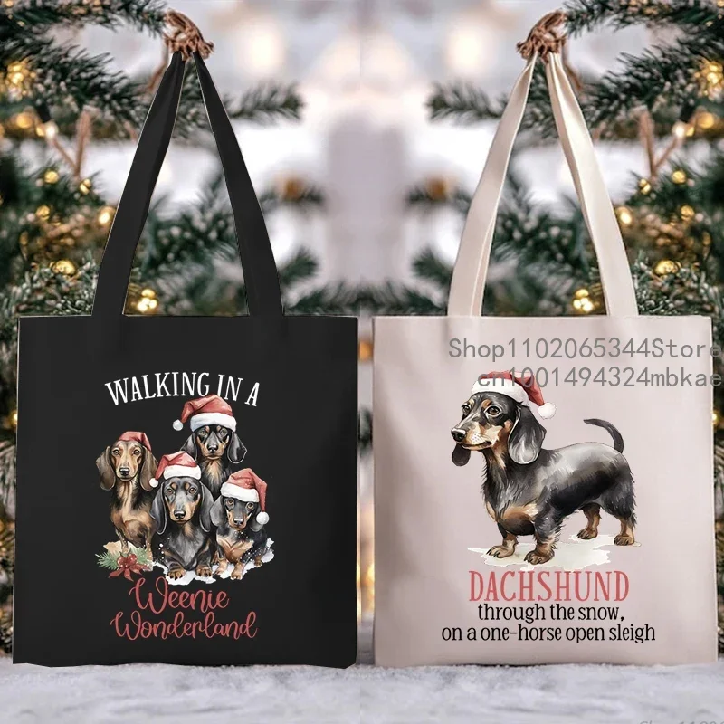 Cartoon Dachshund Husky Dog Series Graphics Canvas Tote Bag Christmas Reusable Shopper Bag for Women Xmas Animal Trend Handbags