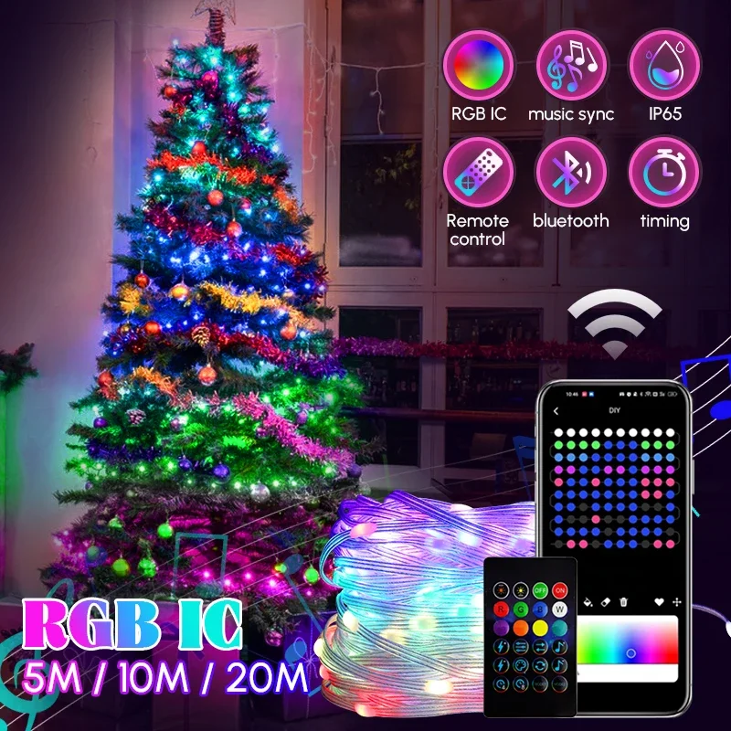 Natal Fairy String Luzes LED, controle de aplicativos, guirlanda inteligente, regulável Music Sync, Xmas Tree, lâmpada de decoração de ano novo, 30m