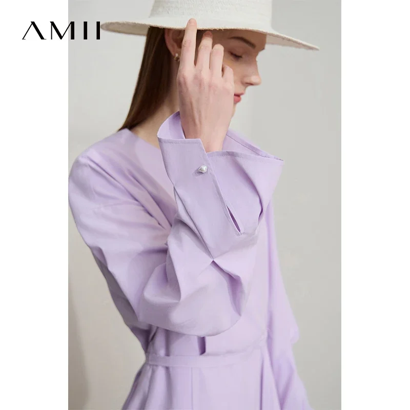 Amii Abito da donna minimalista con scollo a V 2025 Autunno Nuova manica a bocciolo con cintura Tinta unita Casual Elegante abito a forma di A 12541108
