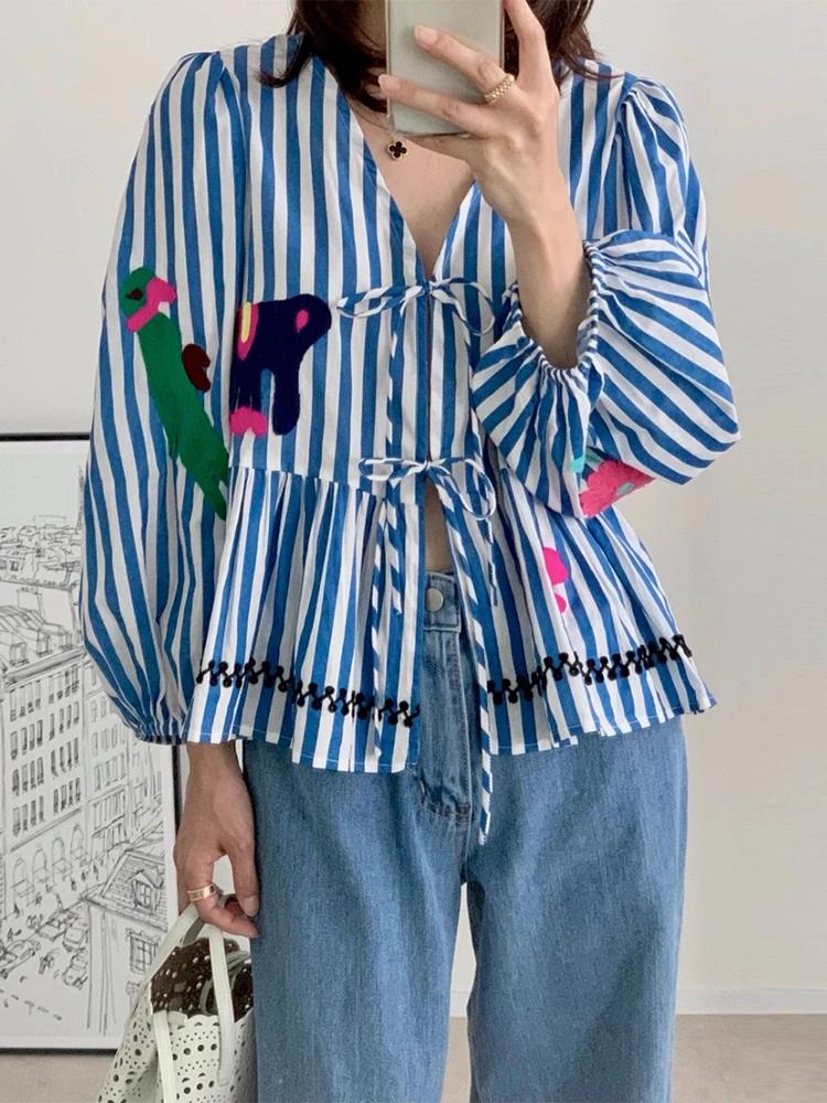 

Camisas De Mujer Heavy Embroidered Printed Striped Shirt Women's Early Autumn New Vintage Lace Up Long Sleeve Top Blouse