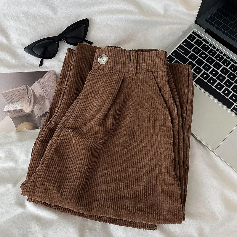 Vintage Corduroy Wide Leg Pants Women High Waist Fall Korean Loose Pockets Trousers Solid Casual Office Lady Full Length Pants