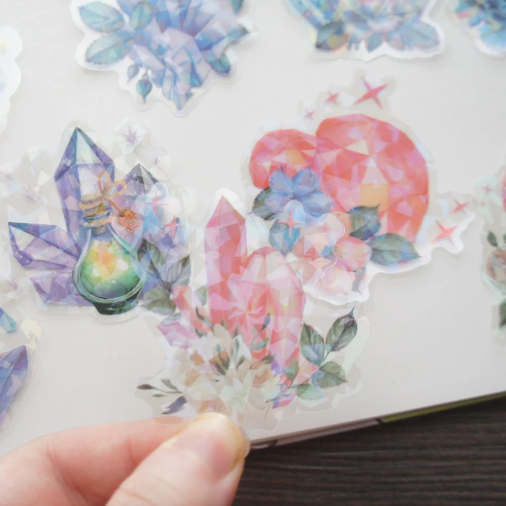 18pcs Diamond Section Design Crystal Mine with Flower Style PVC Sticker Scrapbooking DIY Gift Label Decoration Tag