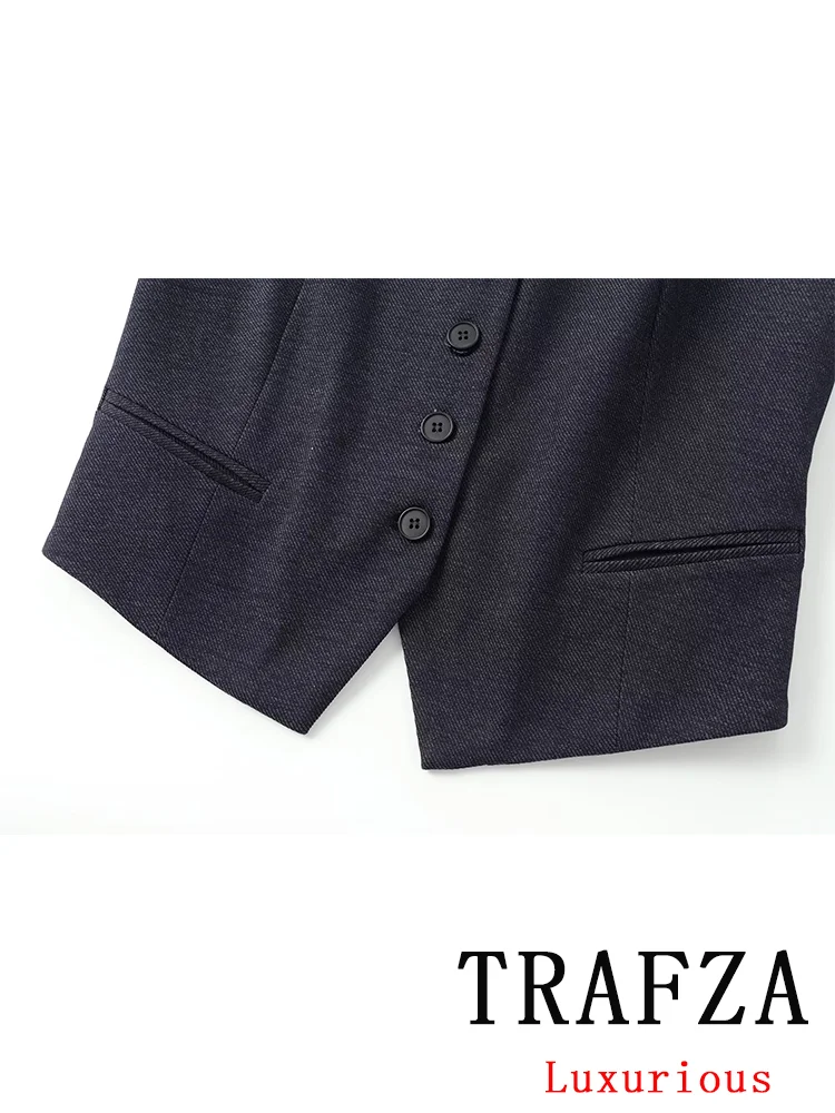 TRAFZA Vintage Casual Chic Solid Women Suit VNeck Short Single Breasted Top Loose Long Zipper Pants New Fashion 2024 Autumn Suit