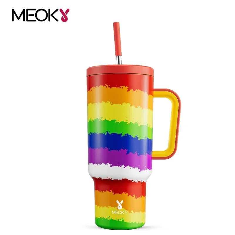 

Meoky 40oz Cup Rainbow Stripes Vacuum Thermal Coffee Cup with Lid Stainless Steel Travel Large Capacity Car Mug for Companion