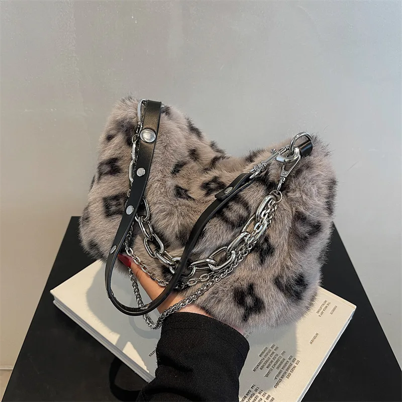 new leopard print plush chain Baguette bag casual soft shoulder underarm crossbody bag winter bag