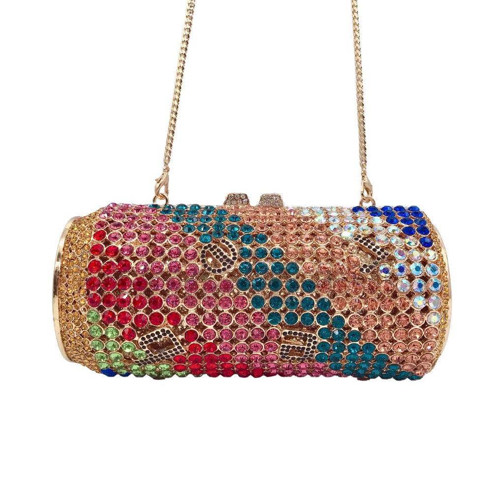 Women's Can-Shaped Rhinestone Evening Bag Colorful Crystal Cylinder Clutch Purse with Wedding Party Chain Shoulder Crossbody Bag - view 5