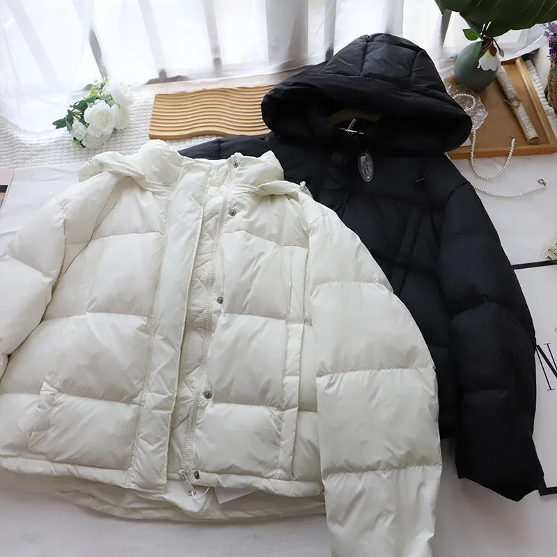 Coréen Sle femmes bouffantes Jaet à capuche jaune Thiened pain Sle ort manteau chaud Long Sve Nylon tissu fermeture à glissière