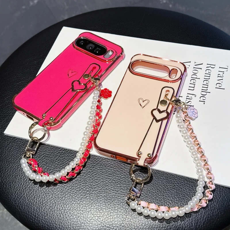 Trendy Plating Glossy Pure Color Silicone Pearl Lanyard Case for Google Pixel 10A 10 Pro XL 9 8 A Pro Shockproof Protector Cover