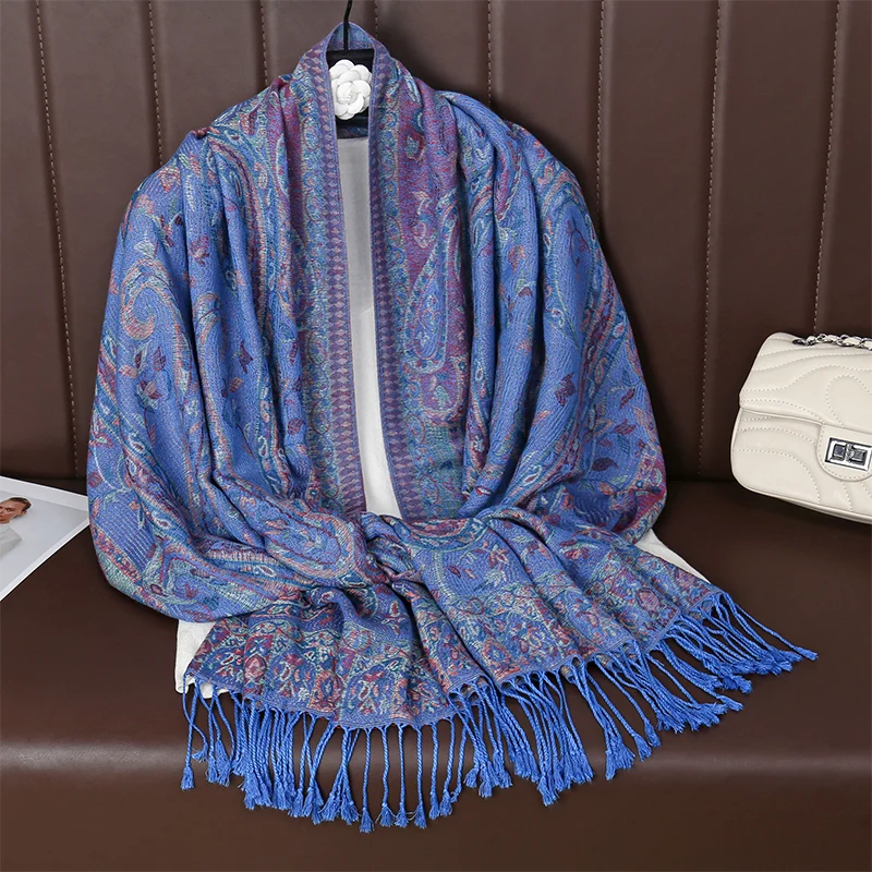 Paisley Pashmina Shawl Scarf Women Jacquard Cashew Printed Scarves Flowers Borders Female Tassel Blanket Wraps Ethnic Shawls