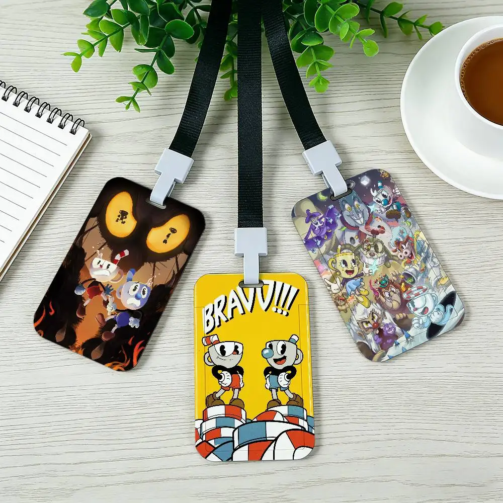 Game C-Cuphead Pocket Credit ID Card Badge Tag Bus Card Holder Pass Case With Neck Strap Lanyard