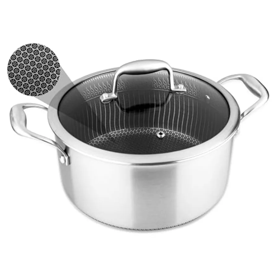 

5 QT Stainless Steel Stew Pot - Triply Kitchenware Stew Pot with Glass Lid - DAKIN Etching Non-Stick Coating Scratch-resistant