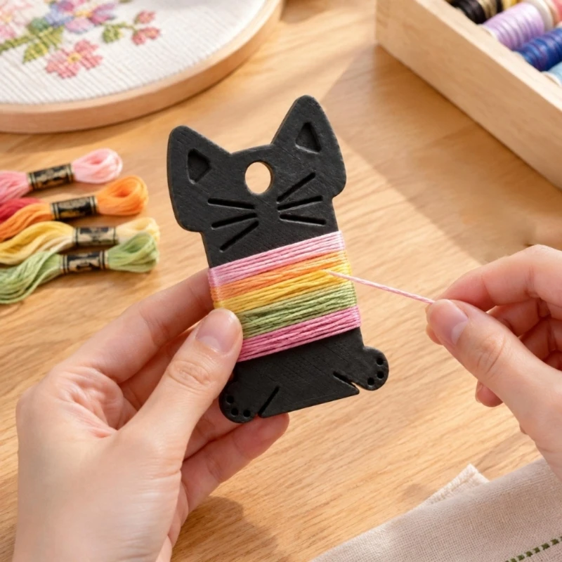 Kitten-Shaped Embroidery Thread Winding Board with Lower Notches and Six Holes for Sewing Thread Organization 87HA