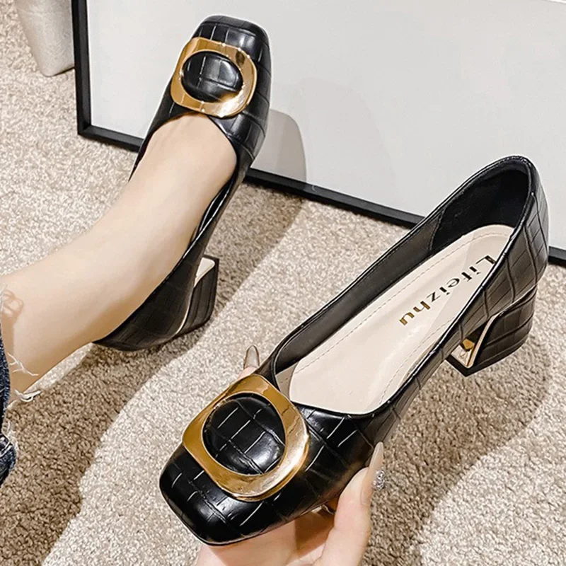 2024 New Women 5cm High Heels Concise Office Daily Pumps Female Versatile Metal Buckle Square Heels Lady Comfortable Work Shoes