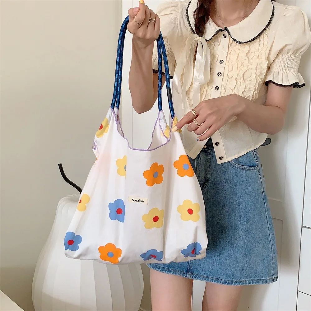 Large-Capacity Shoulder Bag Portable Drawstring Simple Design Underarm Bag Cotton Cloth Shopping Bag Women