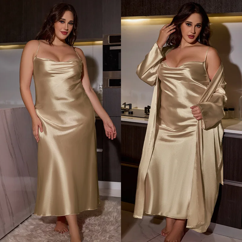 Plus Size 3XL 4XL 5XL Nighty&Robe Set Sexy Bride Long Wedding Bathrobe Dress Spring Summer New Sleepwear Loose Satin Home Wear