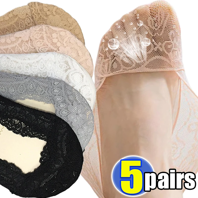 

5Pairs Invisible Summer Lace Boat Socks Women Silicone Non-slip Ankle Socks Slipper Hollow Flower Sox Breathable Short Socks