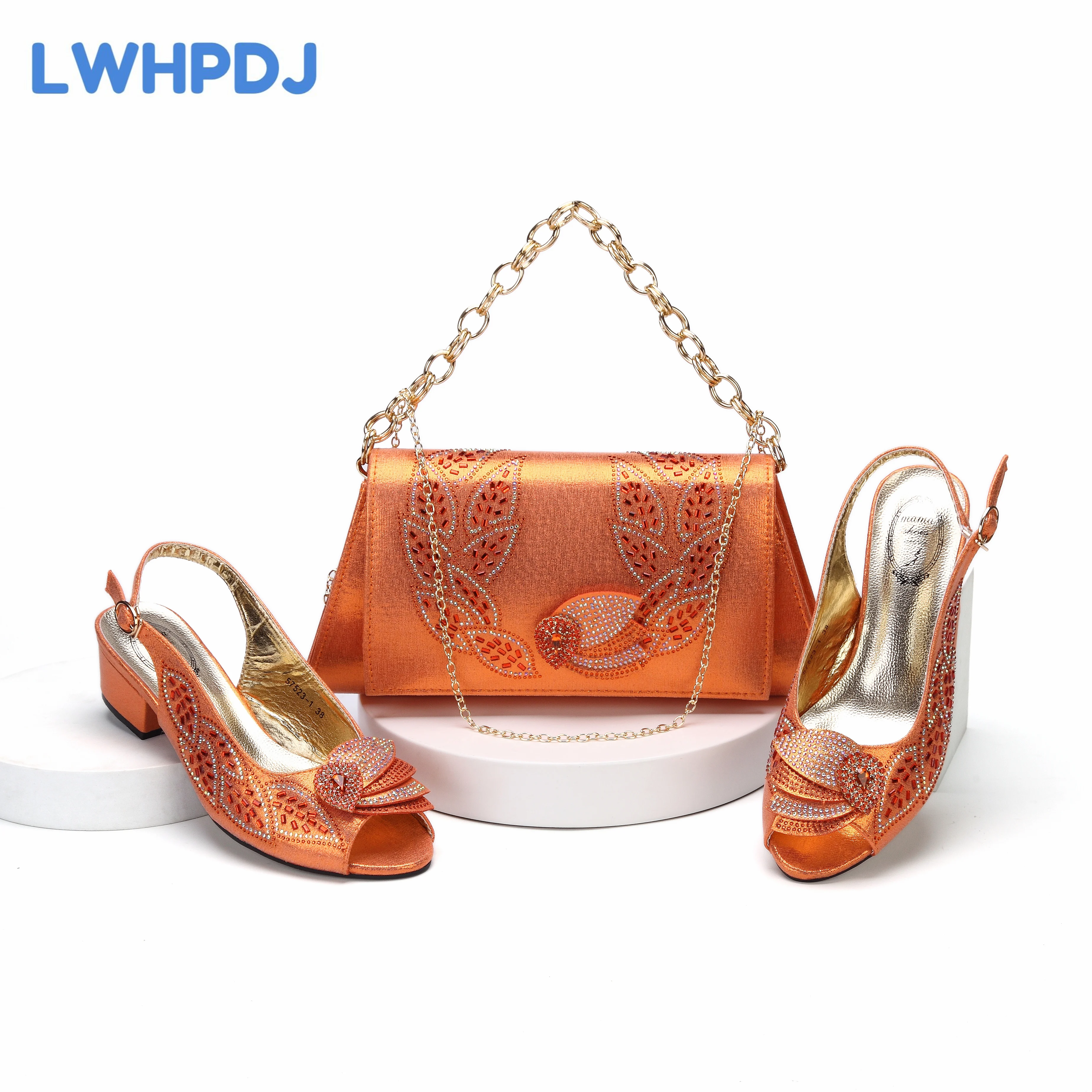 2024 Elegant Woman Low Heels Wedding Italian Design Rhinestone Flower Orange Color Shoes and Bag Set for Lady Party