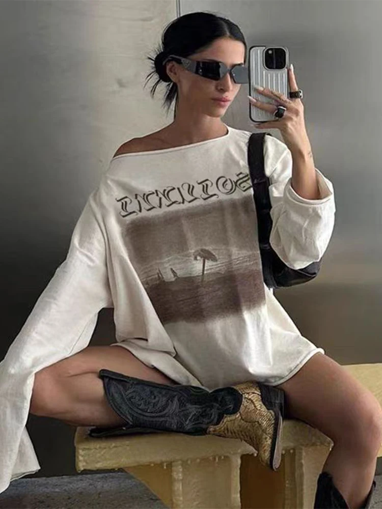 غريب سنور عادية فضفاض البلوز تي شيرت المرأة الخريف الاتجاه انحراف طوق كم كامل الرسومات طباعة عادية لينة البرية اليومية تيز
