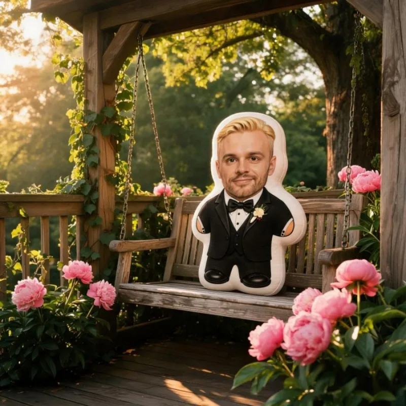 Custom Personalized Photo Groom Shaped Pillow, Black Tuxedo Wedding Outfit Custom Picture Decorative Cushion, Unique Home Decor