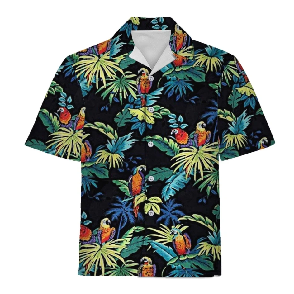 Hot Sale Hawaiian Black Shirts Parrot Paniting Top Plus Size for Men Cool Summer Vacation Beach Style Shorts Sleeve Top