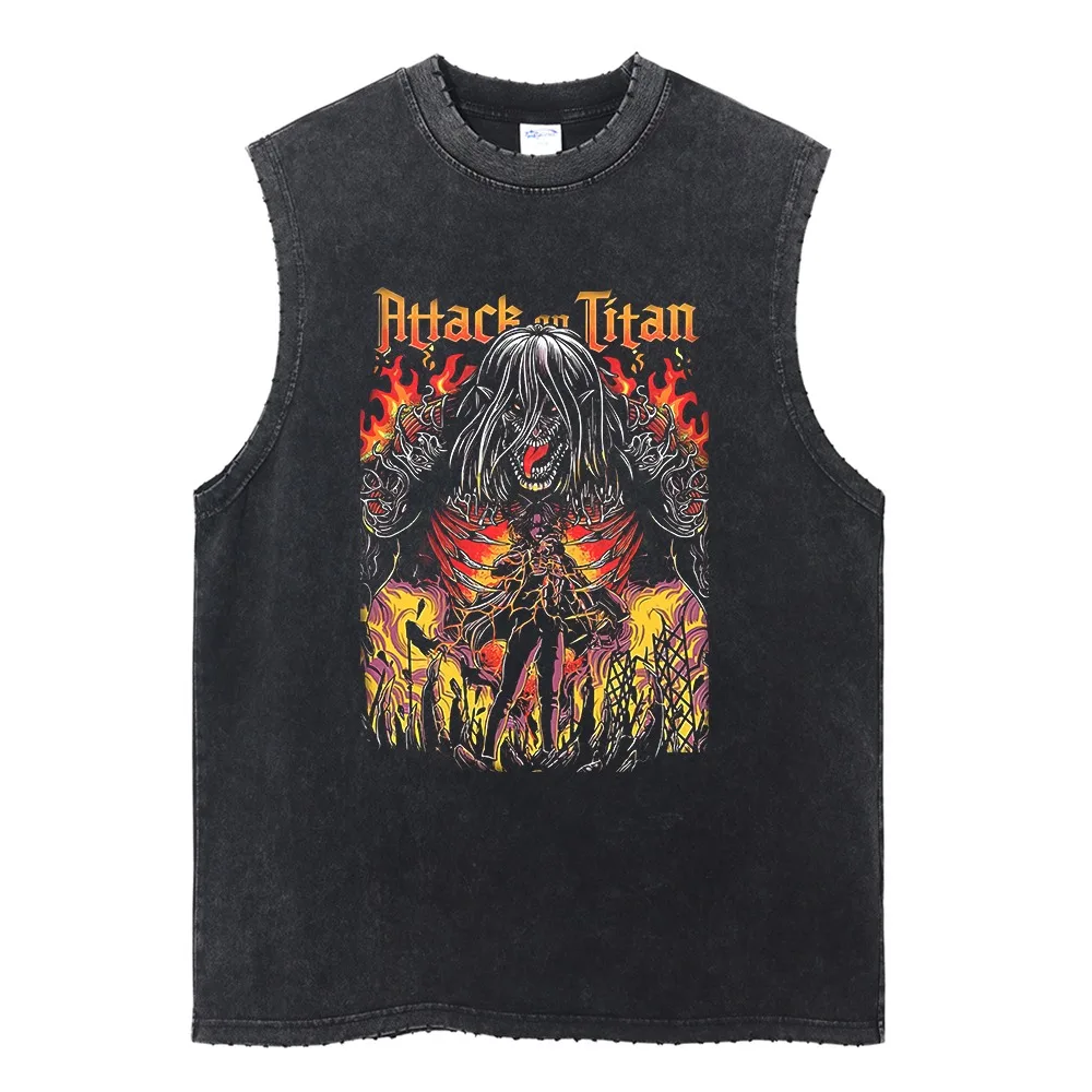New Attack on Titan Men's Gym Vest Summer Y2k Washed Vintage Print Tank Tops Women's Casual Sleeveless Shirts Streetwear view 2