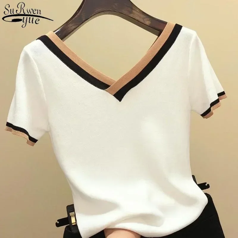 

2024 Summer V-Neck Short Sleeve Shirt Women Elegant Contrast Color Striped Knitted Tops Office Lady Shirt Korean Clothes 13362