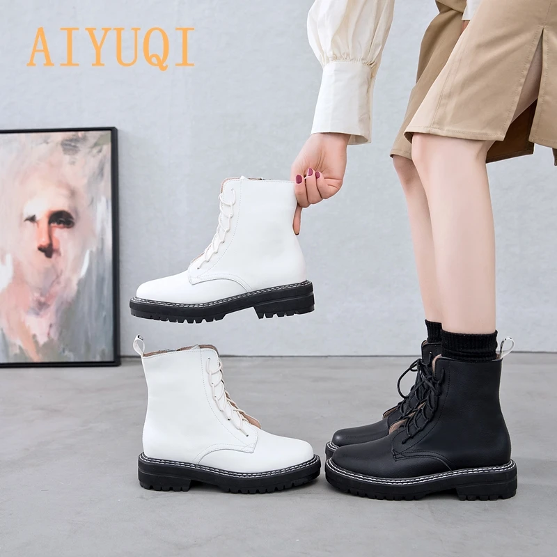 AIYUQI Boots Female 2024 Genuine Leather Women Booties Lace Up White winter women shoes Non-slip girl Marton boots