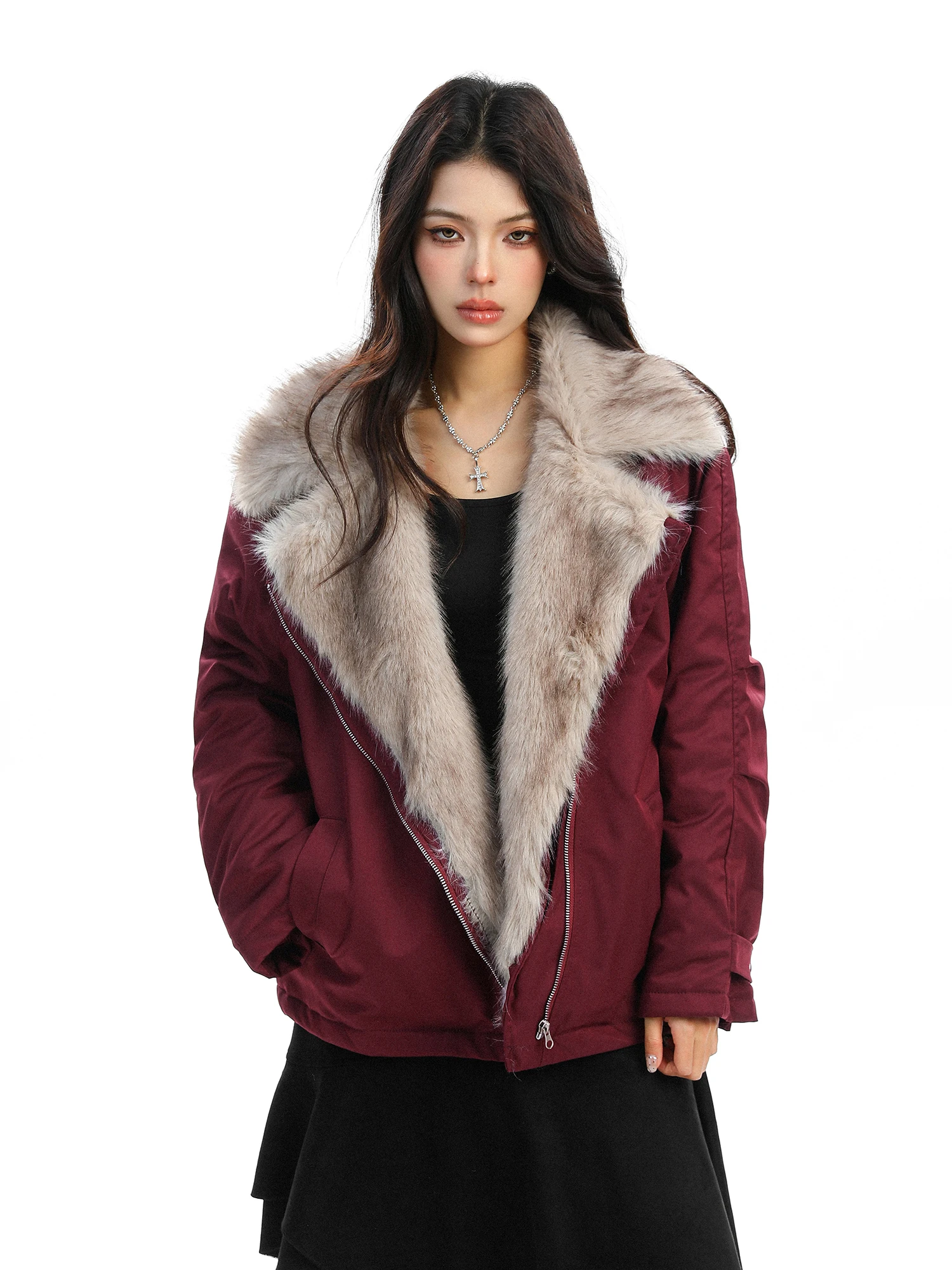 

Red Wine Color Thiened Winter Cotton Jaet for Women Zipper Front Asymmetrical Hemline Mountain Eagle Patterned Coat
