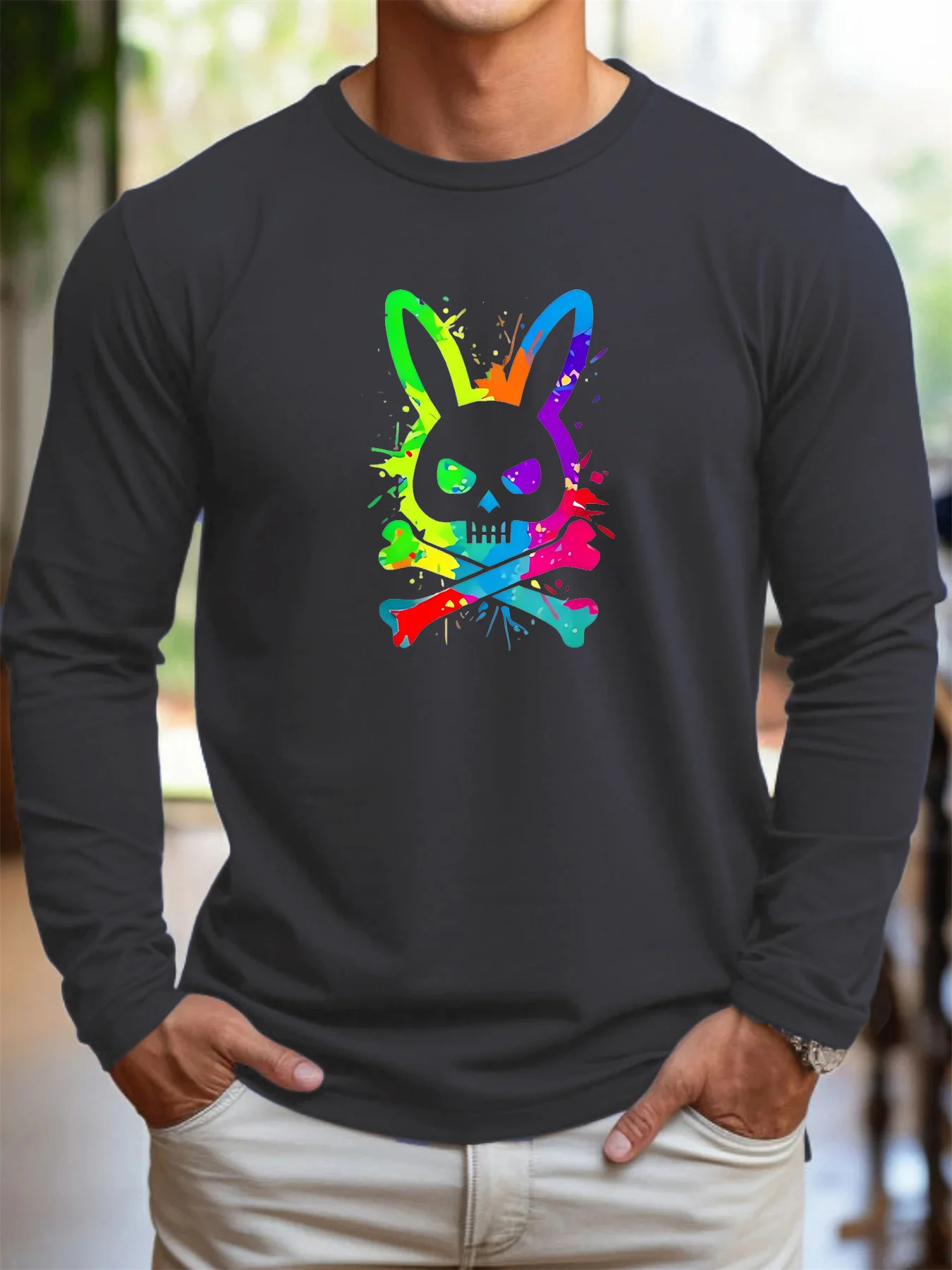 100% pure cotton men's long sleeved round neck loose rabbit skull pattern printed spring and autumn casual versatile T-shirt top