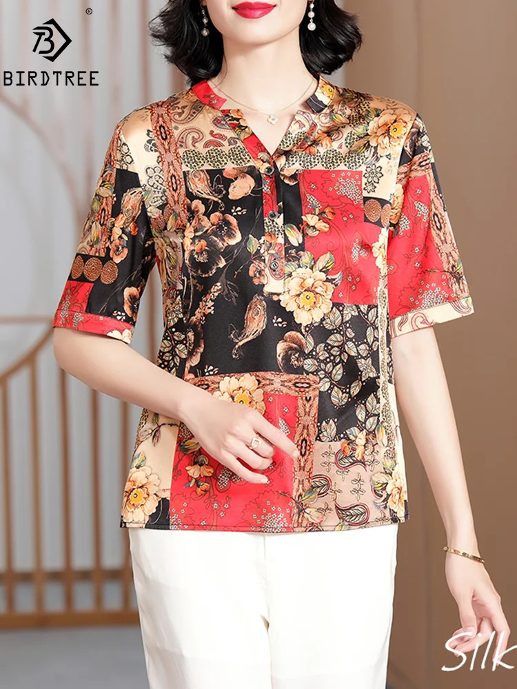 

BirdTree, 92%Real Silk Fashion OL Shirt, Women's Short Sleeve Floral, Oversize Mom Elegant Blouse, 2024 Summer New Top T444155QM