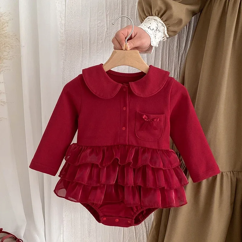 

Новинка 2023 года, осенне-рождественский комбинезон для маленьких девочек, хлопковые боди с длинными рукавами для новорожденных девочек, одежда для маленьких девочек 0-24 месяцев