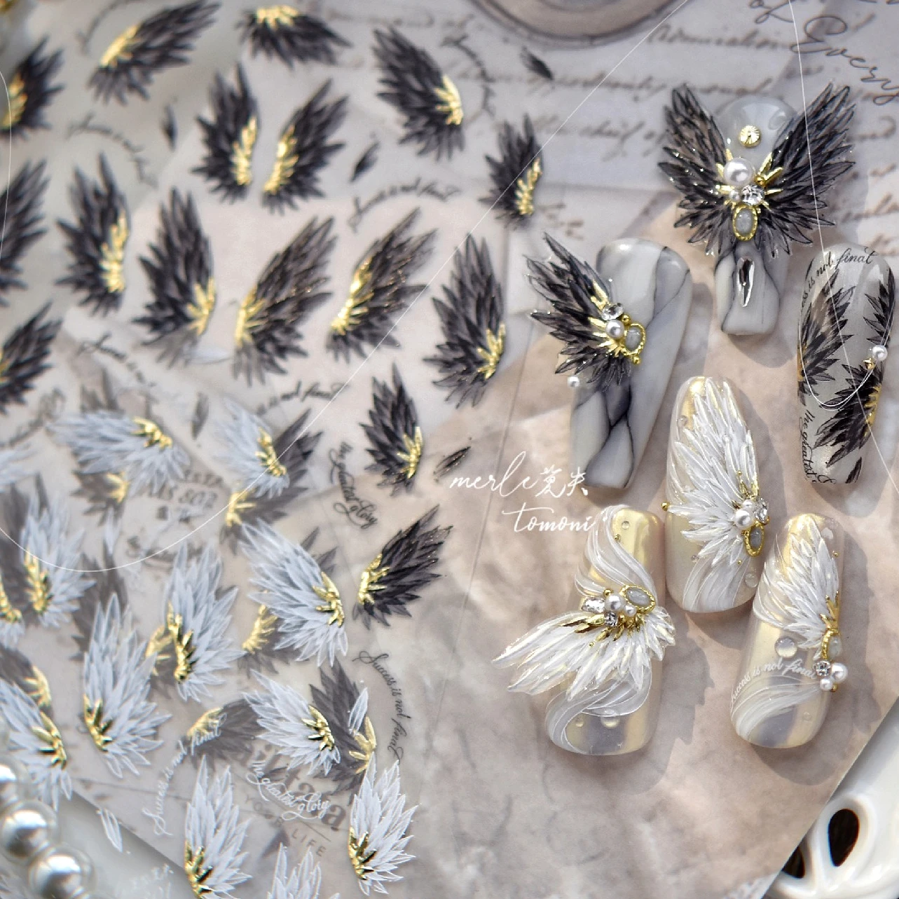 สีขาวสีดําทองปีก Feather Angel ผีเสื้อ Bowknot ดอกไม้กรอบ Moon Star Pearl Rhinestones สติ๊กเกอร์เล็บสติ๊กเกอร์เล็บ