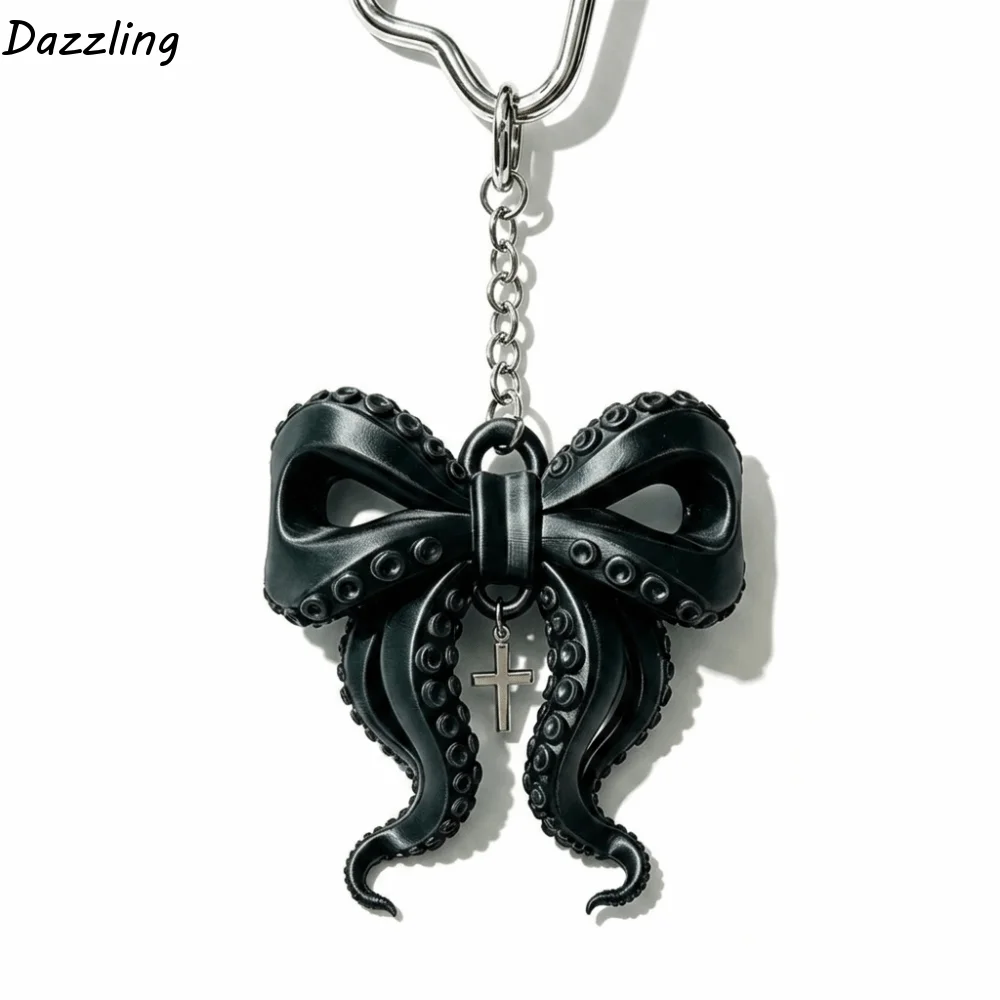 3D Printed Octopus Tentacle Bow Keychain Fashion Creative Octopus Bow Pendant Unique Cross Cthulhu Style Keyring Backpack Decor