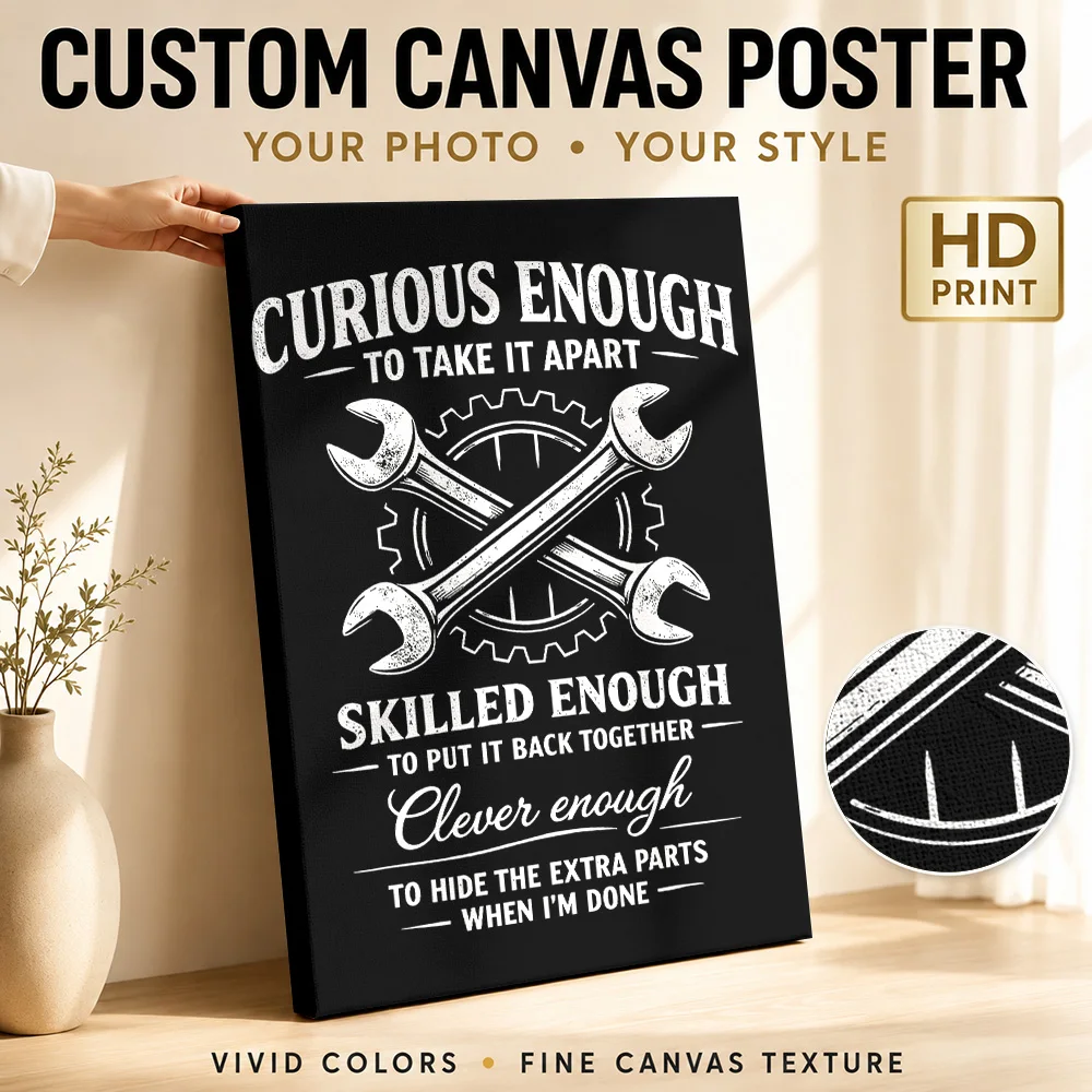 Mechanic Curious Enough Quote Wood Framed Canvas Print Personalized Photo Bold Typography Wall Art For Workshop Tradesman Gift