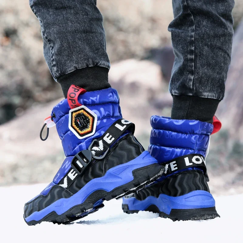 2023 Winter Warm Fur Snow Hiking Boots Children Black Furry Shoes Boys Non-slip Waterproof Kids Footwear Child Sneakers Black