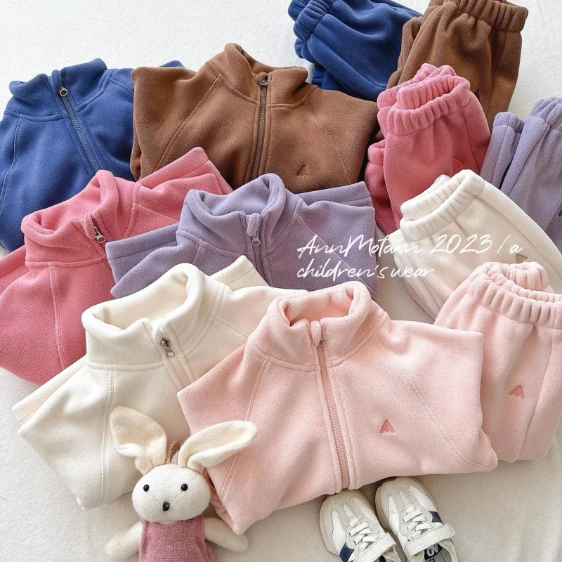 Autumn and Winter Girls Suit New Children's Sweet Polar Fleece Zipper Jacket Casual Pants Two-Piece Set