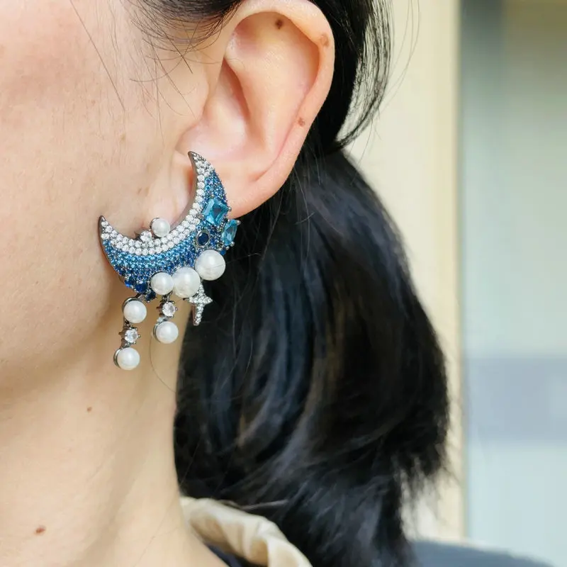 Bilincolor Royal Blue Cubic Zirconia and White Pearl Moon Earring for Women